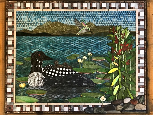 Loon Family; 24" x 30"; natural stone, stained glass, marble; kitchen wall inset, private home